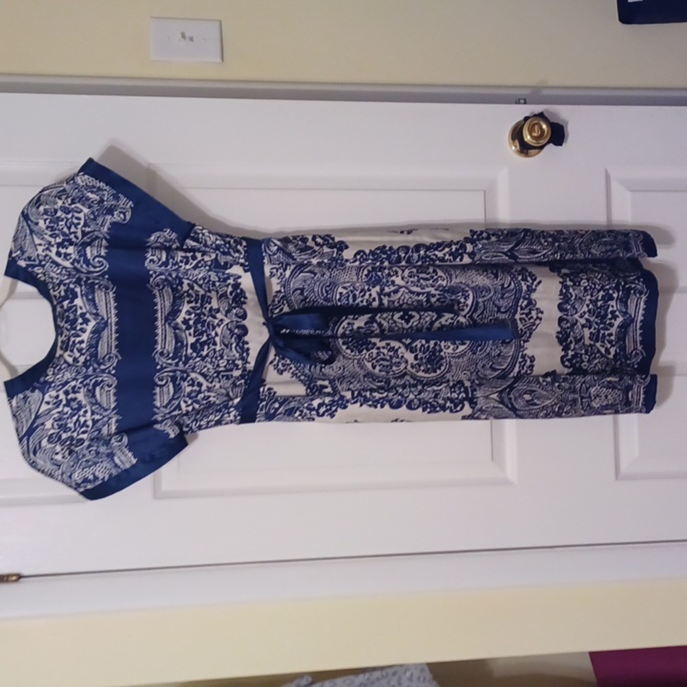E C I sz 14 Silk, Asian Flare, Navy and Cream Midi Dress. Luxury, Wedding Guest. - Picture 10 of 11